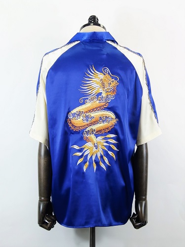 Harlem Rounge(ハーレムラウンジ)　ドラゴン刺繍スカシャツ(青)　HR32-301-BLU