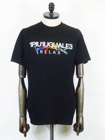 1PIU1UGUALE3 RELAX(ウノピュウノウグァーレトレリラックス)　レインボー刺繍ダブルロゴ半袖カットソー(黒)　UST-22053-BK
